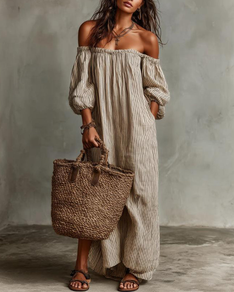 Klänning Löst Off-Shoulder Randig