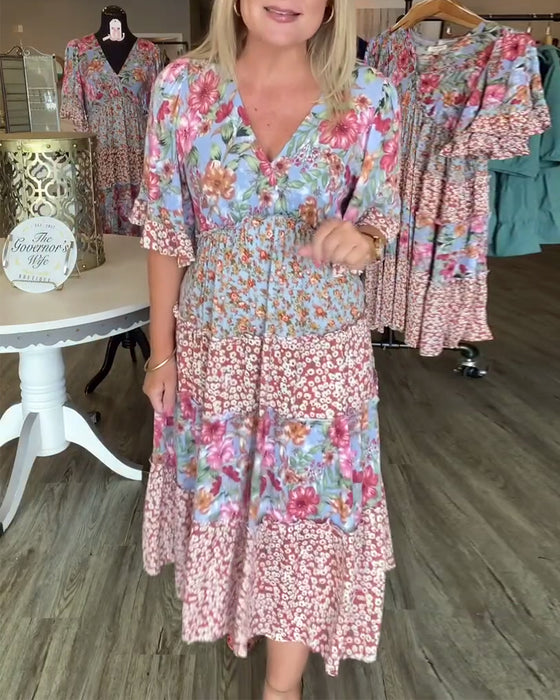 Klänning V-Ringning Lotuskärm Blommig