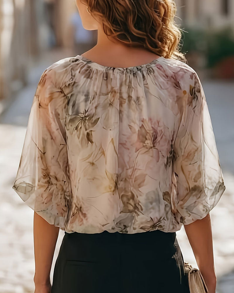 Blus Bläck Tvätt Blommig Bubbel Ärm