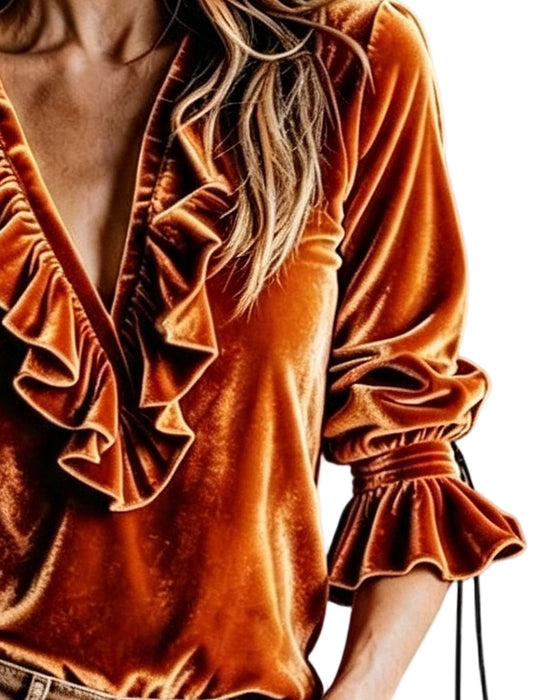 Blus V-Hals Ruffle Knyt