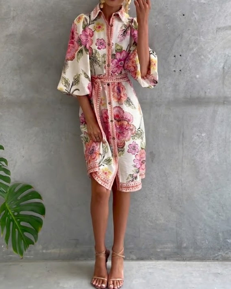 Klänning Fransk Lykta Ärm Skärkrage Tryckt