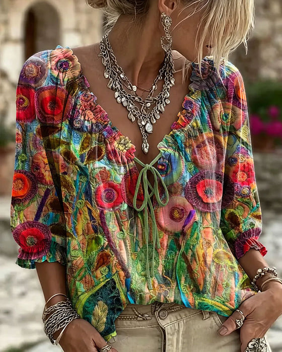 Blus V-Hals Ruffle Puffärm Knyt