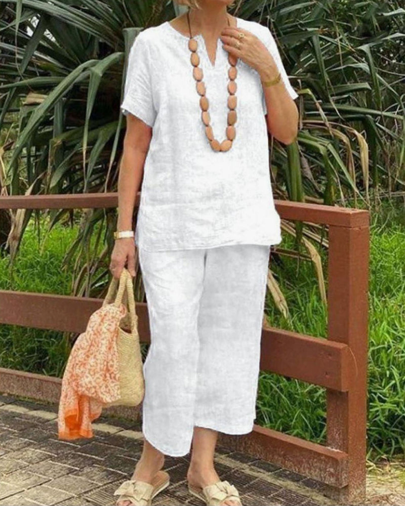 Tvådelade Set Kortärmad Skjorta Resår Midja Cropped Byxor