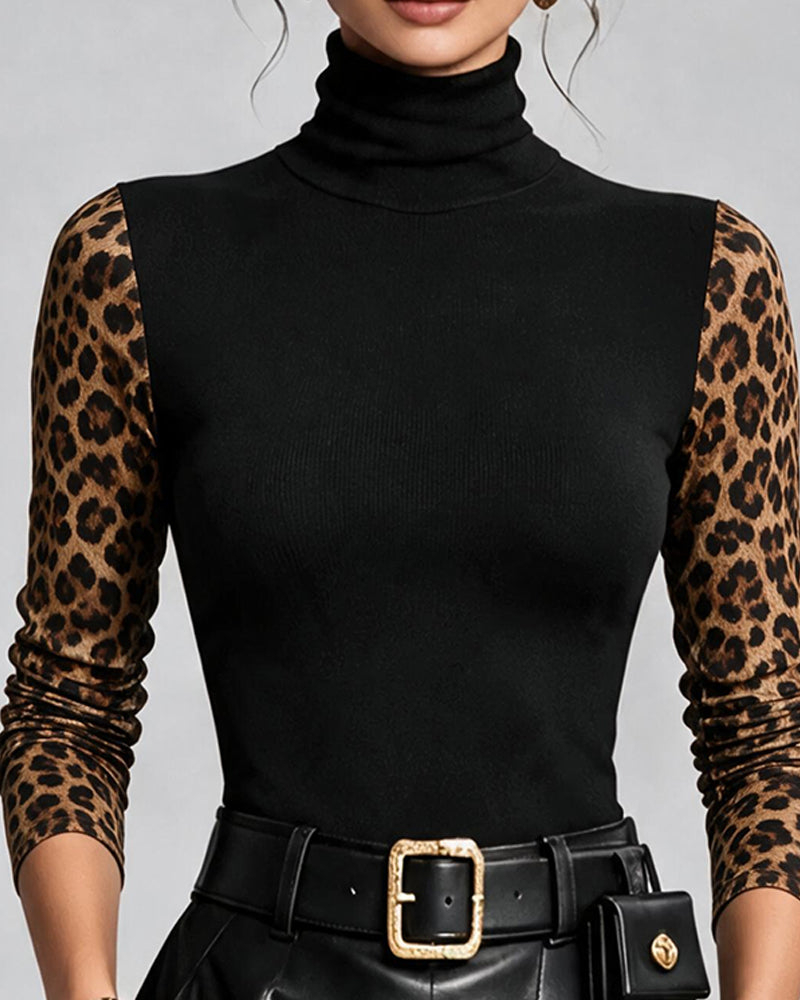 Topp Leopardmönster Skarvad Hög Hals Slimfit