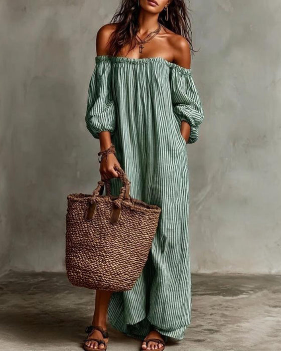 Klänning Löst Off-Shoulder Randig