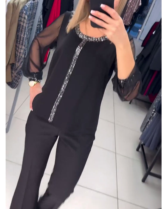 Blus Med Paljettpanel Och Långa Ärmar