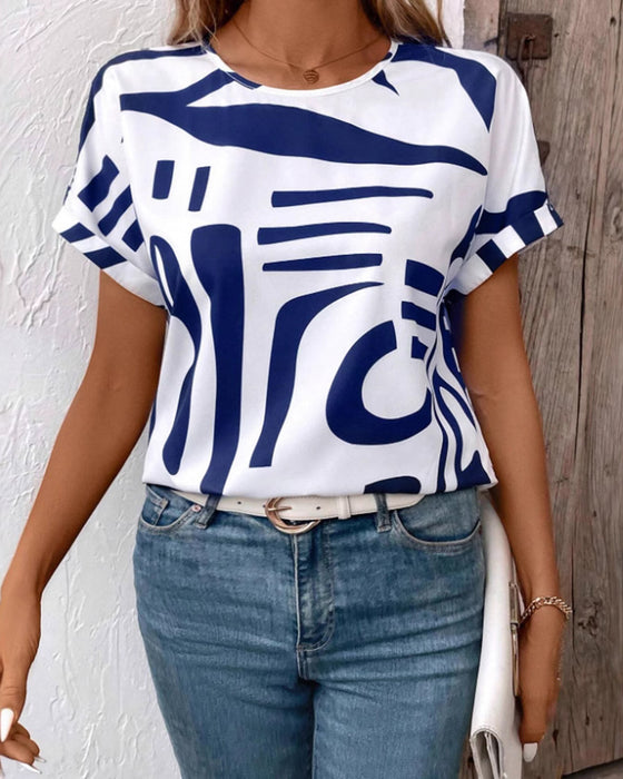 T-Shirt Rund Hals Kort Ärm Geometrisk Tryck