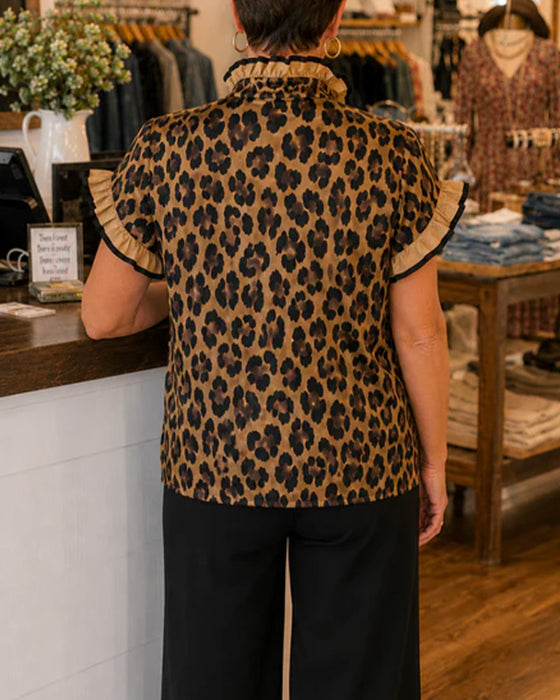 Blus Leopard Ruffle Kort Ärm