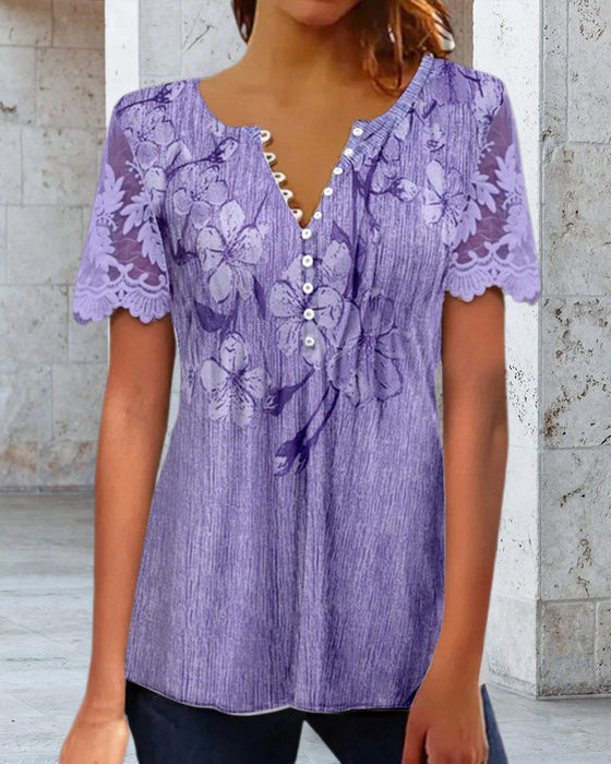 Blus Med Spetsdetalj Rund Hals Tryckt