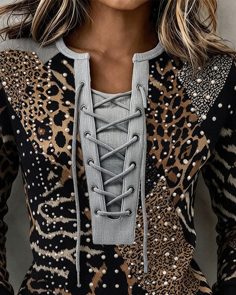 Sweatshirt Knyt Leopard Patchwork Figursydd