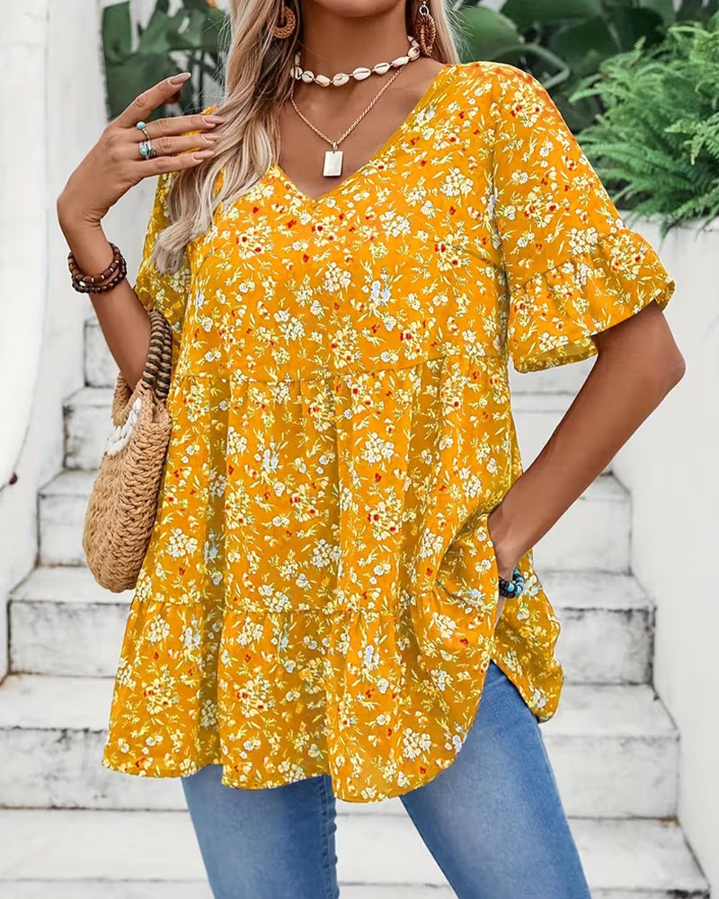 Blus V-Hals Flutter Ärm Blommig
