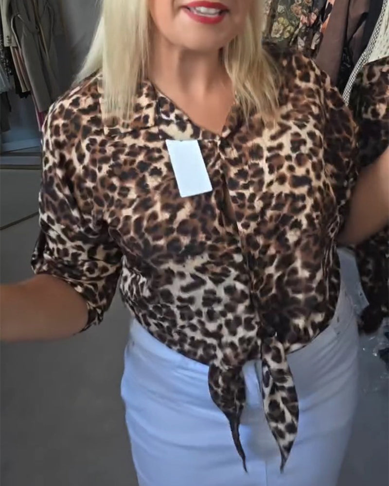 Blousa Snörning V‑hals Leopard