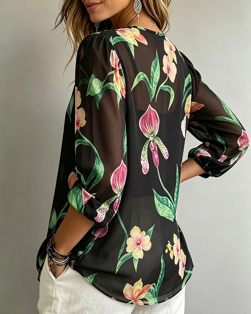 Blus Lyktormlärmad Rundhals Knytning Tryckt