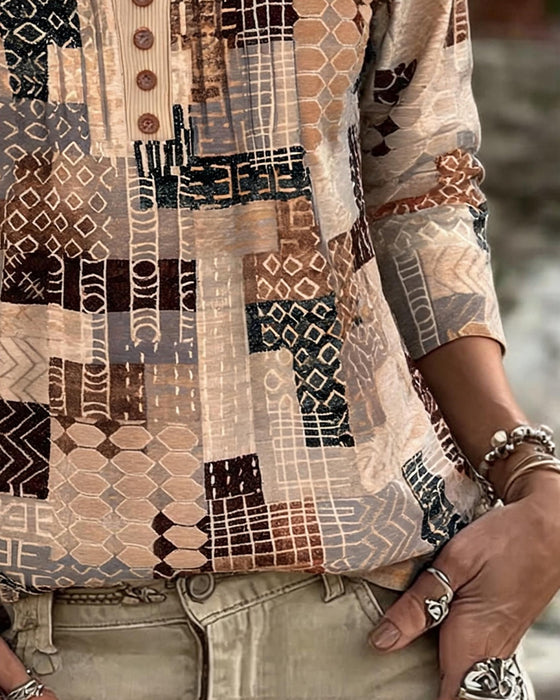 T-Shirt Geometrisk Patchwork Tryck Henley