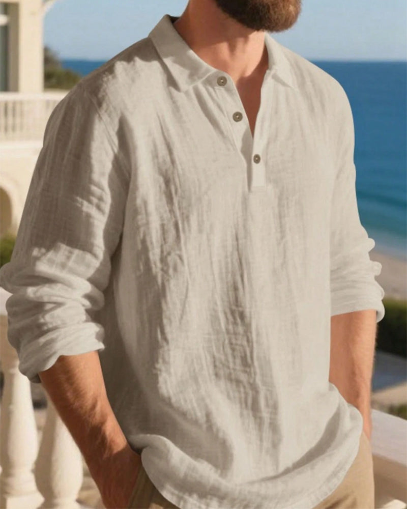 Skjorta Herr Lättvikt Lös Linne Långärmad Polo
