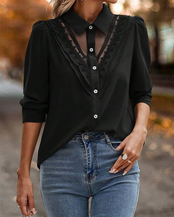 Blus Puffärm Spets Lappverk