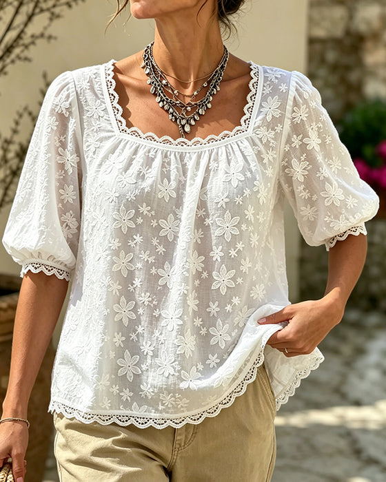 Blus Med Fyrkantig Hals Puffärmad Jacquard