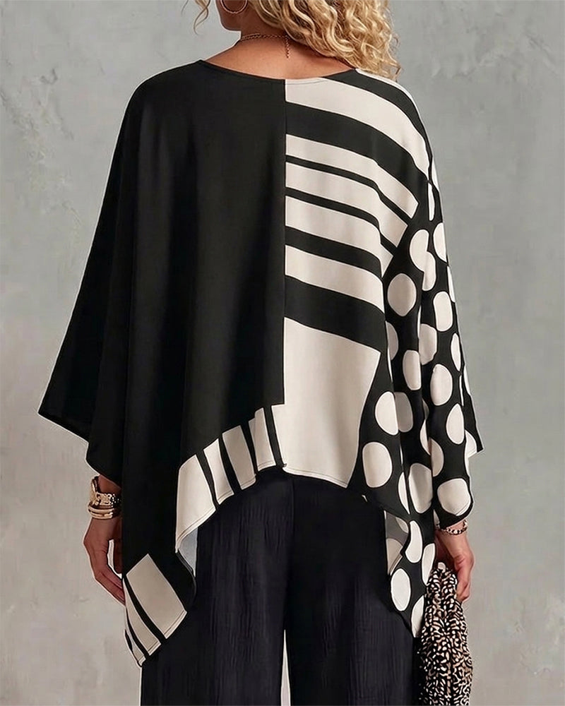 Blouse Polka Dot Rand Patchwork V Ringning