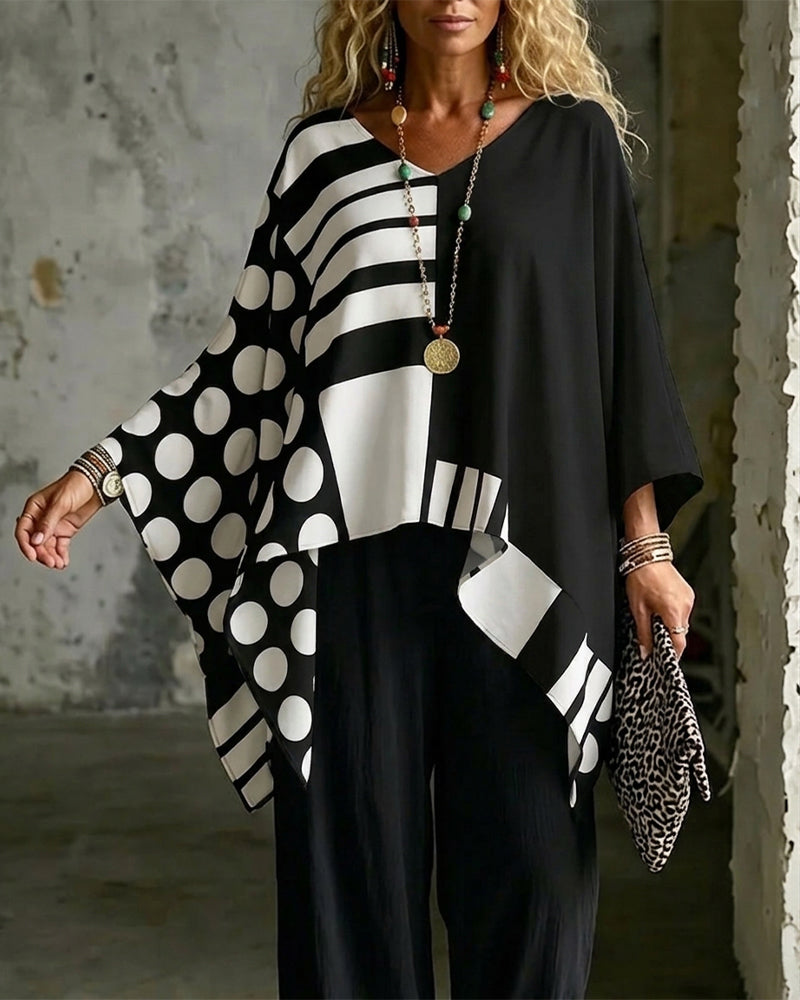 Blouse Polka Dot Rand Patchwork V Ringning