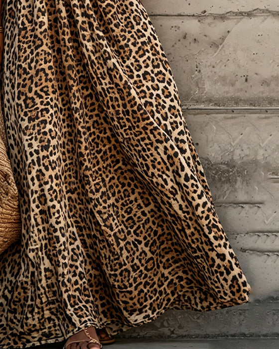 Klänning Leopard Tryck V-Hals Puff Ärm