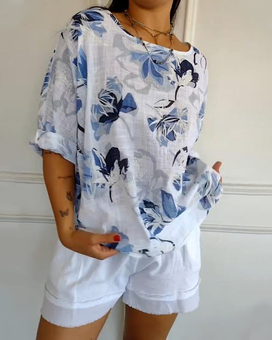 Blus Rund Halsring Långärmad Tryckt