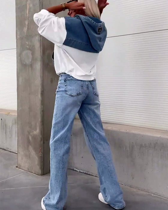 Avslappnad luvtröja med lapptäcke i denim med dragkedja