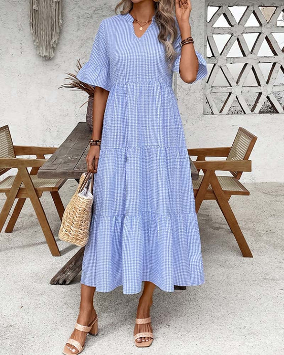 Kläning Blå Vit Gingham V-Hals