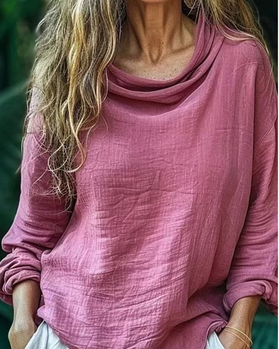Blus Draperad Hals Casual Solid Lång Ärm