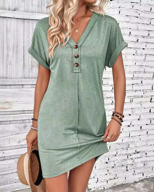 Klänning V-Ringning Knäppning Fram Solid Casual