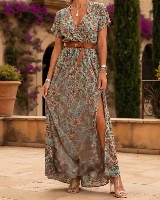 Klänning V-Hals Vintage Paisley Slits Lång