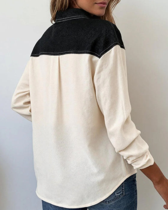 Blus med avslappnad slag i denim och patchwork