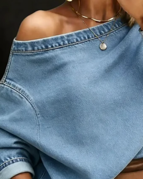 Topp Off-Axel Lös Denim Lång Ärm