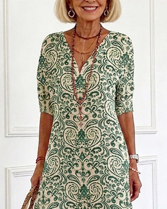 Klänning Vintage Blommönster V-Hals Maxi
