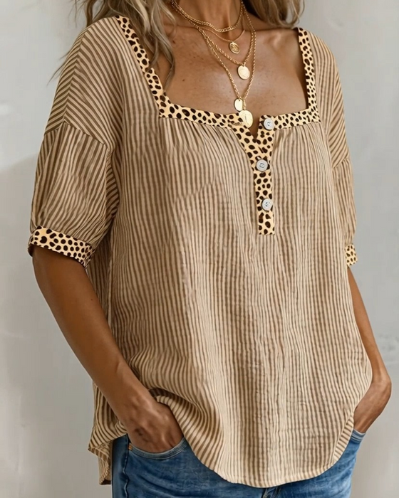 Blus Fyrkantig Hals Kort Ärm Leopard Tryck
