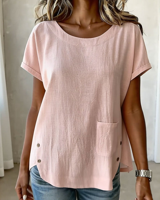 T-Shirt Bomull Lin Knapp Detalj Kort Ärm