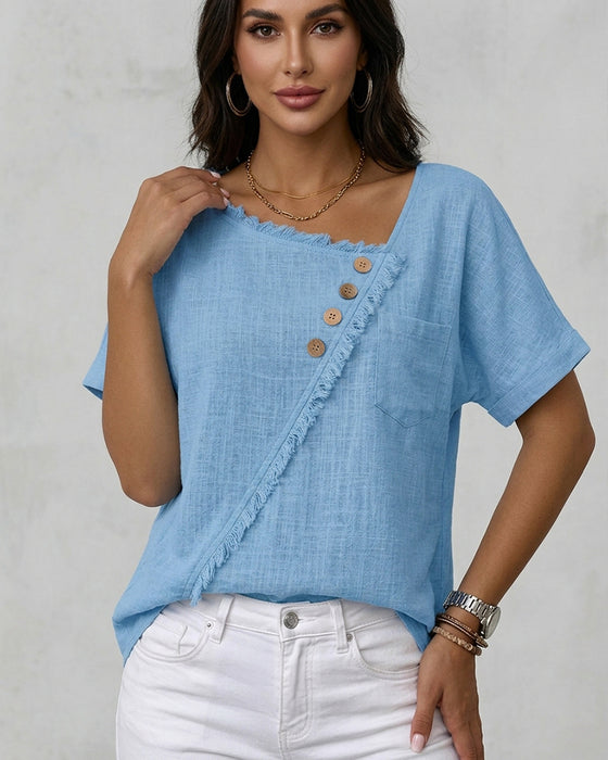 Blouse Rå Kant Snedsydd Knapp Kortärmad