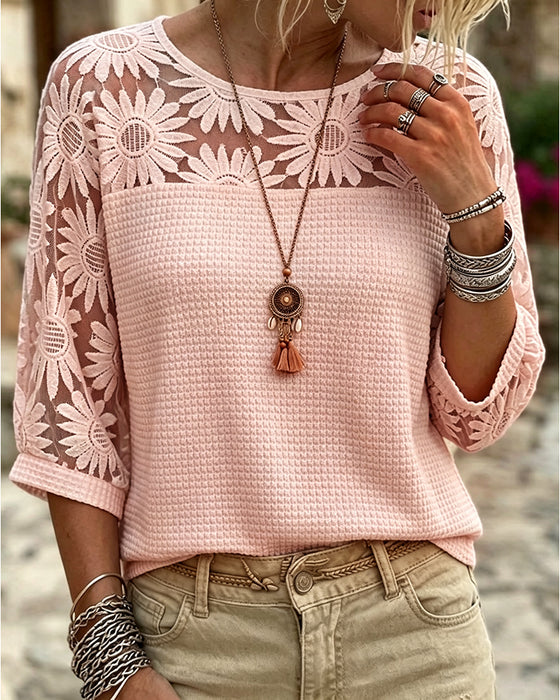 T-Shirt Runda Halsen Spets Vaffel Patchwork