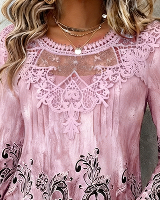 Blus Lapptäcks Krage Och Strategiskt Placerad Tryckt