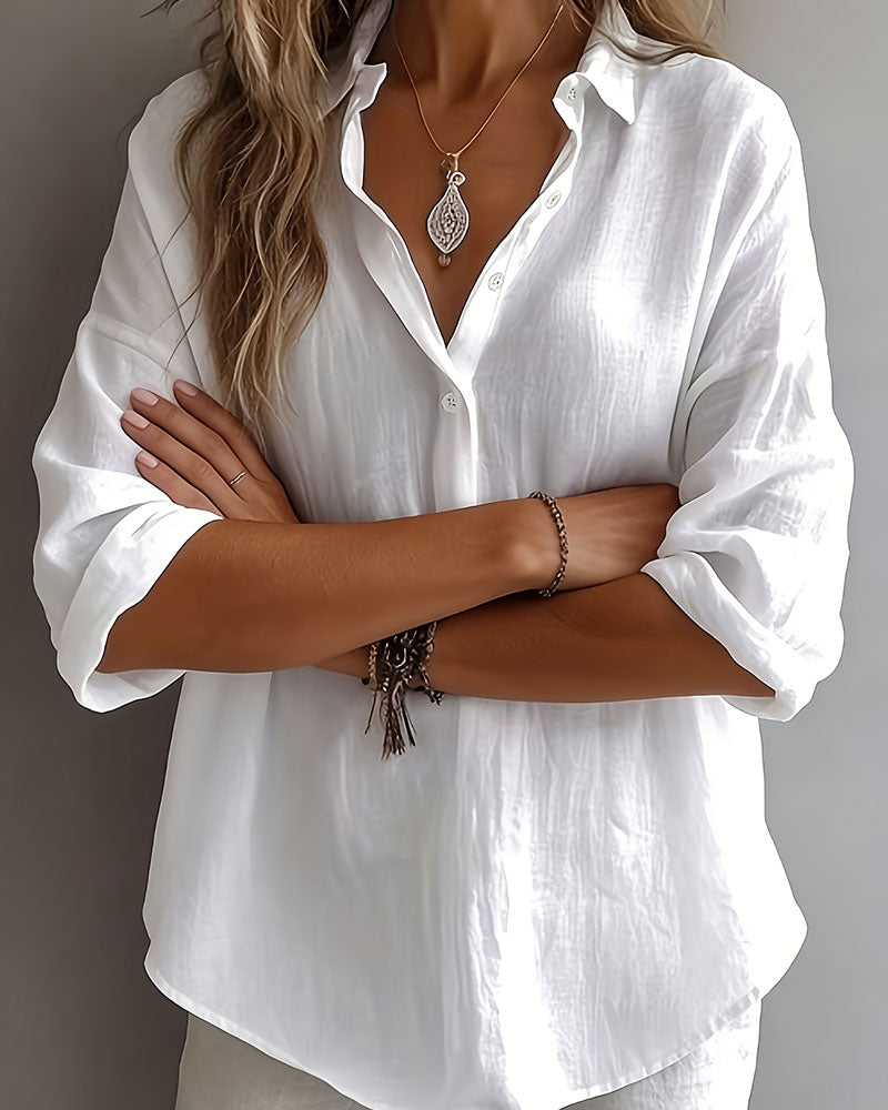 Blus Enfärgad Krage Halvknäppning Långärmad