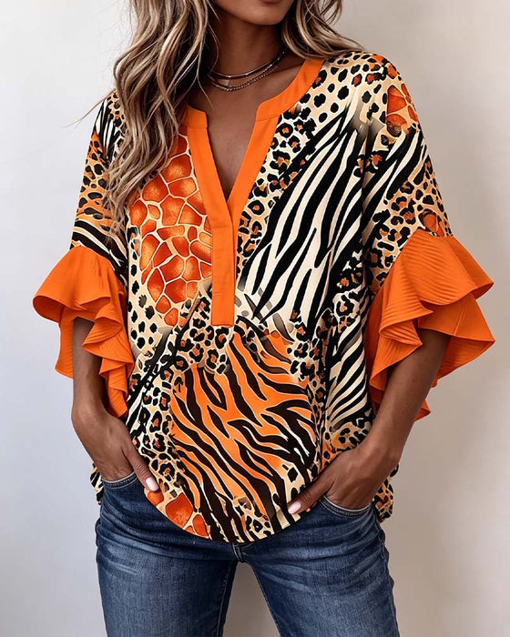 Blus Zebra Leopard Tryck Ruffle Ärm