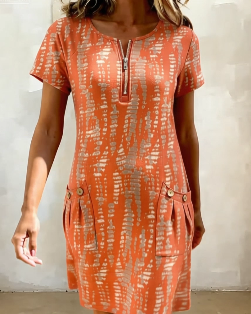 Klänning Tryckt Halv-Dragkedja Stor Ficka