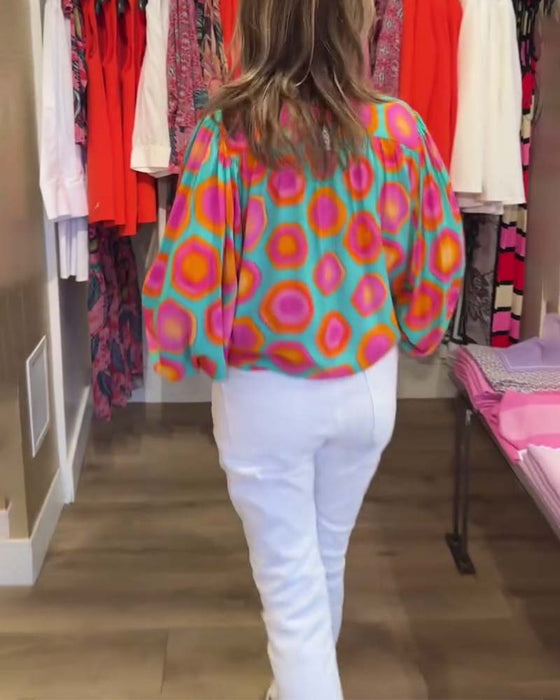 Färgglad skjorta med geometriskt tryck med krage