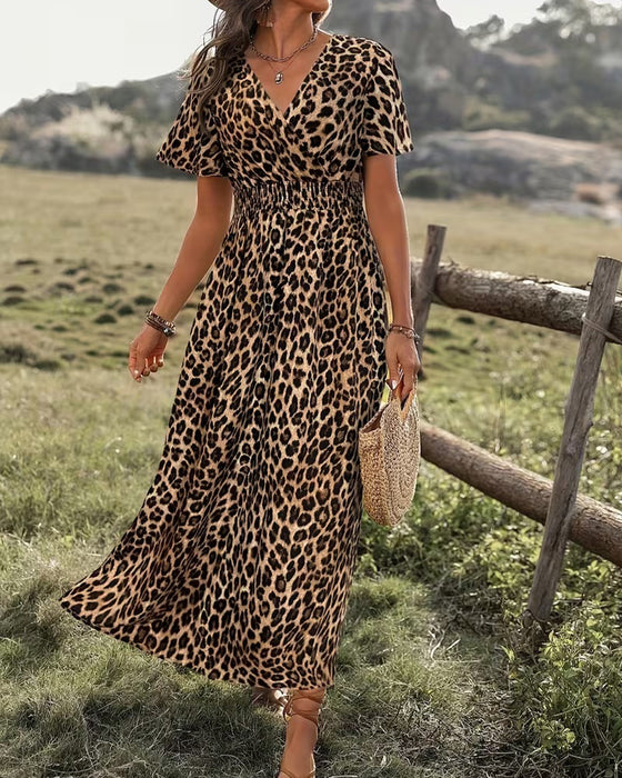 Klänning Leopard V-Hals Elastisk Midja A-Linje