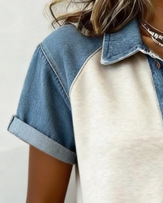 T-Shirt Denim Färg Block Kort Ärm
