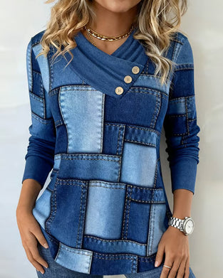 Långärmad Topp Med V-Ringning Och Kontrast I Enfärg