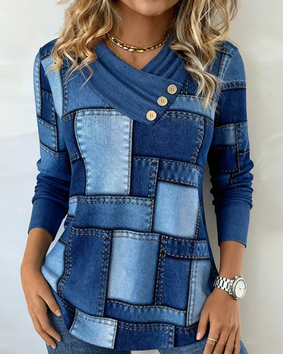 Långärmad Topp Med V-Ringning Och Kontrast I Enfärg