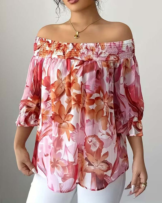 Blus Off-Shoulder Tryck Bubbel Ärm