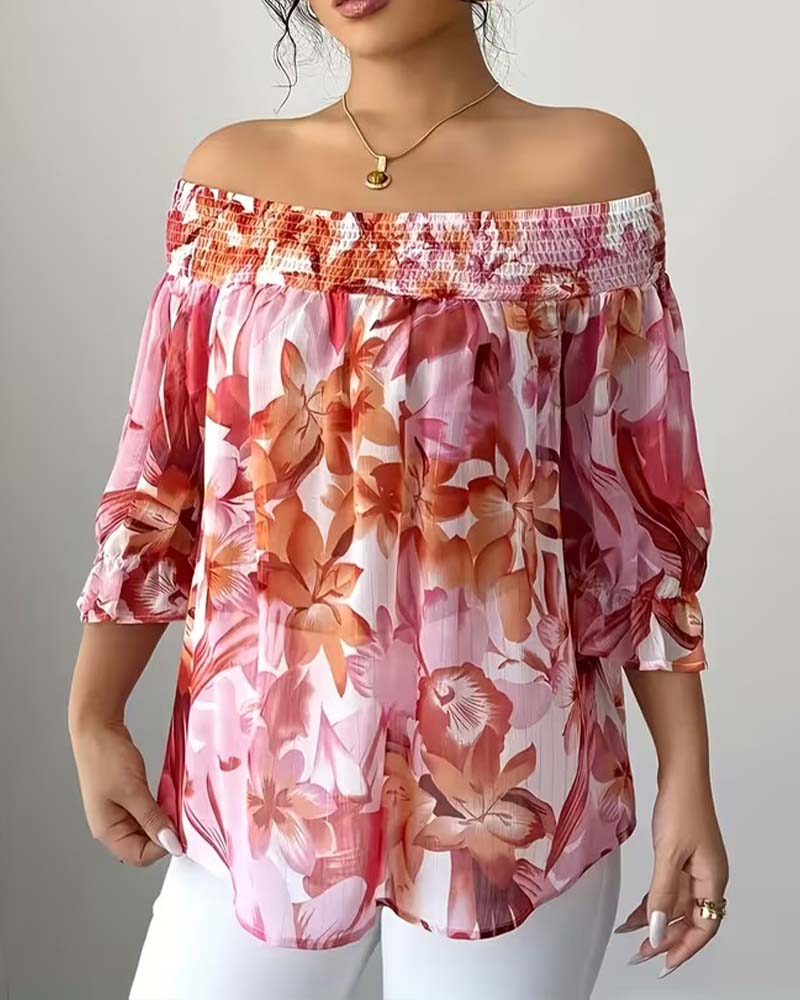 Blus Off-Shoulder Tryck Bubbel Ärm