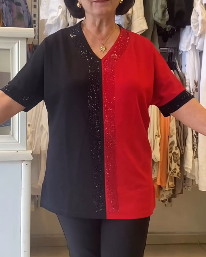 T-Shirt V-Hals Färgblock Lös