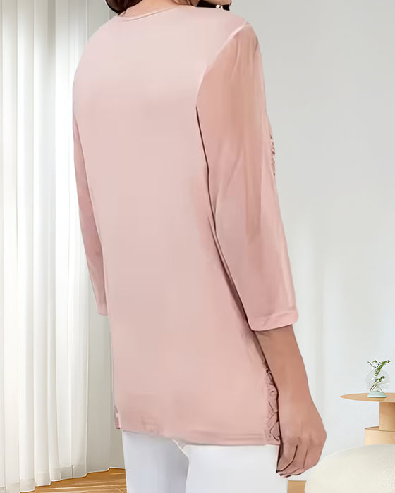 Blus V-ringning Spets Trekvartsärm